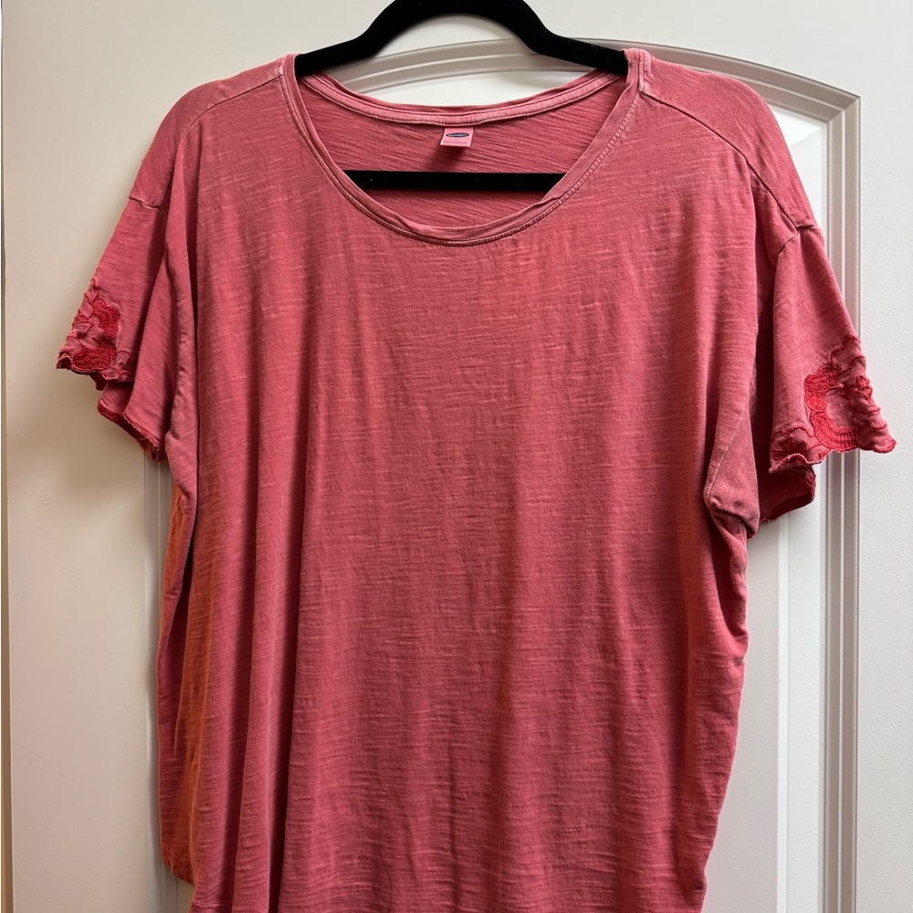 Women's Pink Top with Embroidered Floral Sleeve